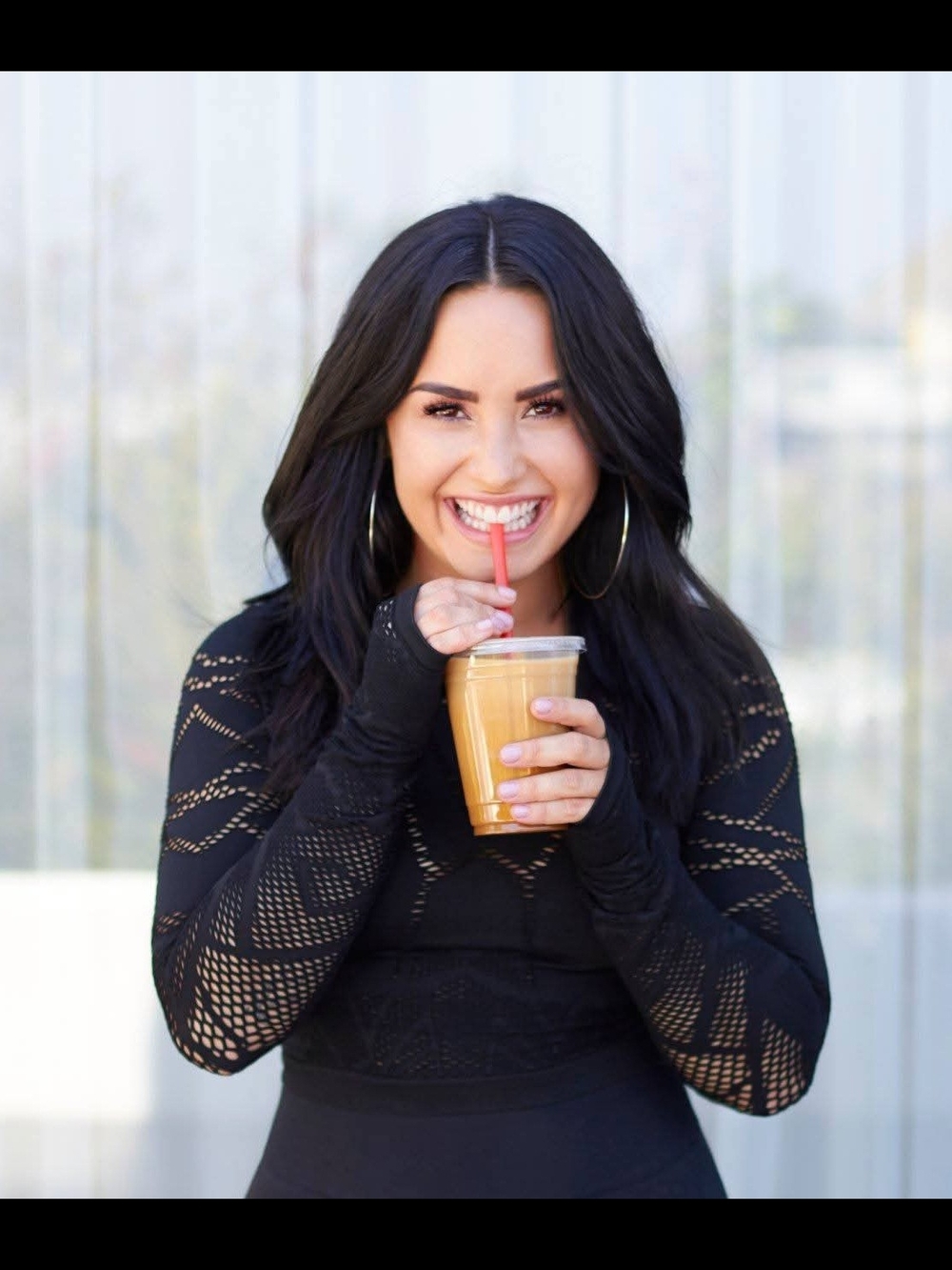 Fabletics Demi Lovato Black Long-Sleeve Mesh Crop Top
